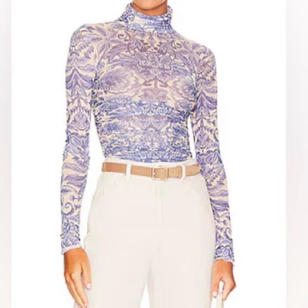Free People Elegant Blue and Cream Patterned Women's bodysuit Nwt
